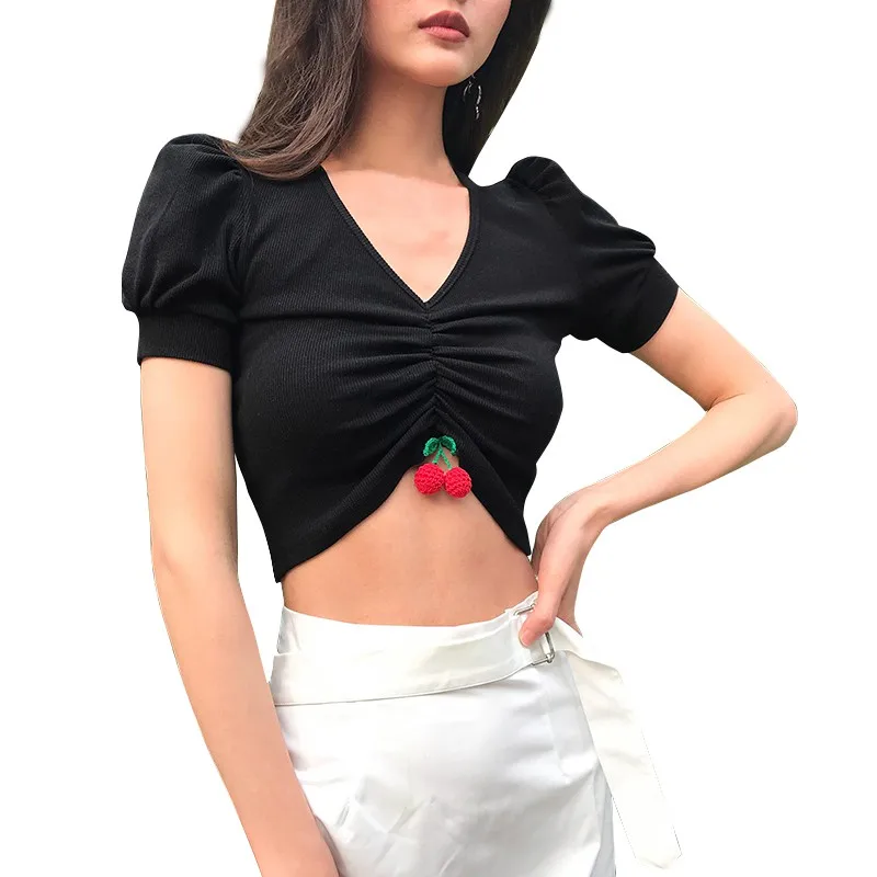 

Summer Puff Sleeve Top Women Black Solid Color Irregular V-Neck Cherry Short Shirt Tops Fashion Cotton Blend Clothing Top