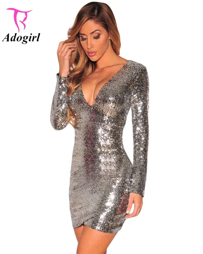 Silver-Ruched-Sequin-Long-Sleeve-Nightclub-Dress-LC22795-13-1