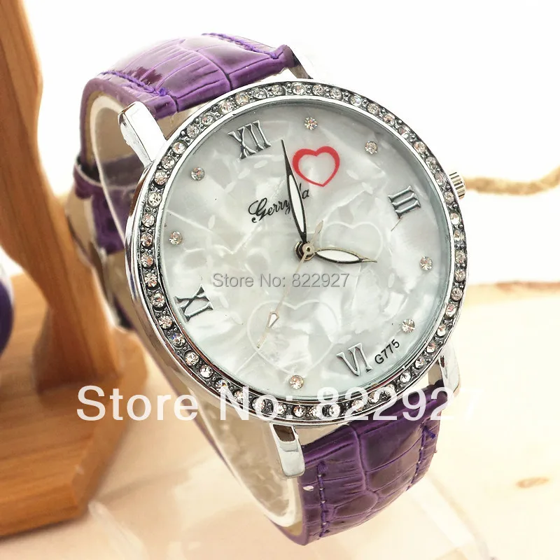 Gerryda 775 fashion lady's wrist quartz watches,silver plate case with circle rhinestone deco,love heart printing dial,PVC band
Gerryda 775 fashion lady's wrist quartz watches,silver plate case with circle rhinestone deco,love heart printing dial,PVC band