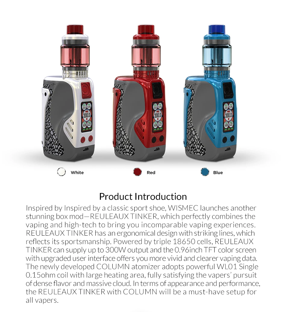 Original Wismec REULEAUX TINKER 300W with COLUMN tank 2ml/6.5ml powered by triple 18650 batteries Electronic cigarette vape kit