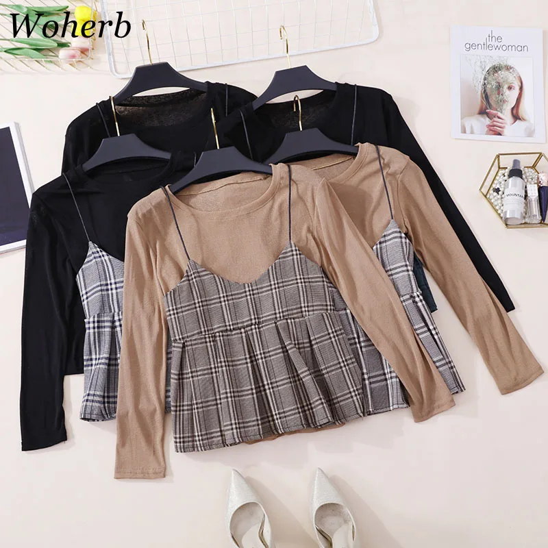 Woherb 2019 Spring Two Piece Set Women Long Sleeve T Shirt+Plaid Vest Women Casual Vintage T-shirts Korean Tee Shirt Femme 21103
Woherb 2019 Spring Two Piece Set Women Long Sleeve T Shirt+Plaid Vest Women Casual Vintage T-shirts Korean Tee Shirt Femme 21103