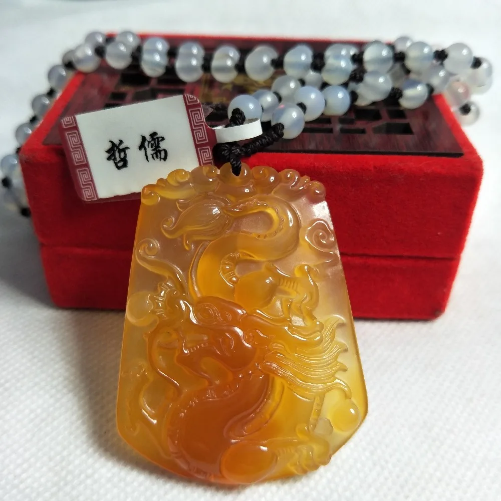 

Zheru Jewelry Pure natural red and yellow agate carved dragon pendant White chalcedony bead necklace Gift certificate Male gift