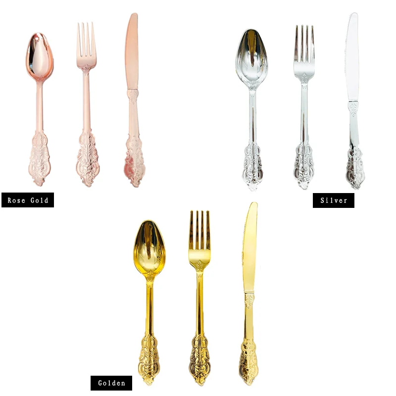 4 Sets/12pcs Plastic Party Cutlery Rose/Gold/Silver Party Utensils Fancy Vintage Party Tableware Spoon Fork knife for Wedding
4 Sets/12pcs Plastic Party Cutlery Rose/Gold/Silver Party Utensils Fancy Vintage Party Tableware Spoon Fork knife for Wedding