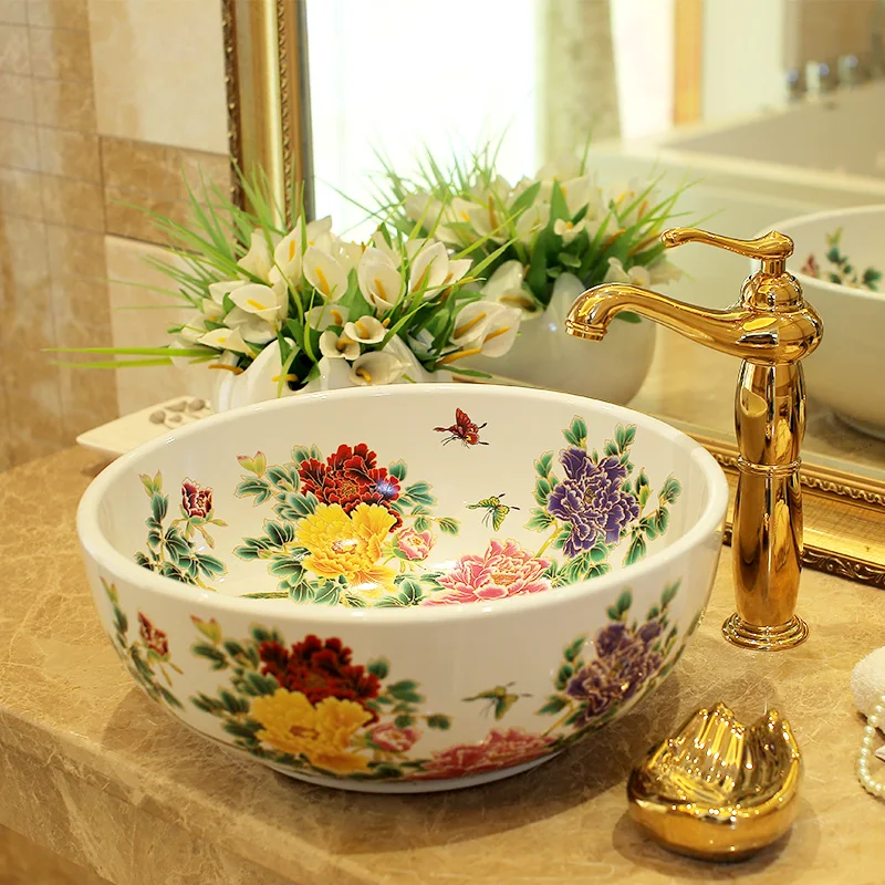 

Europe Style China Artistic Handmade Counter top Ceramic Bathroom Vessel Sink wash basin Peony