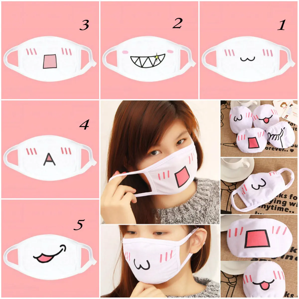 

1PC White Color Cute Anime Kaomoji-kun Emotiction Mouth-muffle Women Girls Health Care Kawaii Cotton Anti-Dust Winter Face Mask