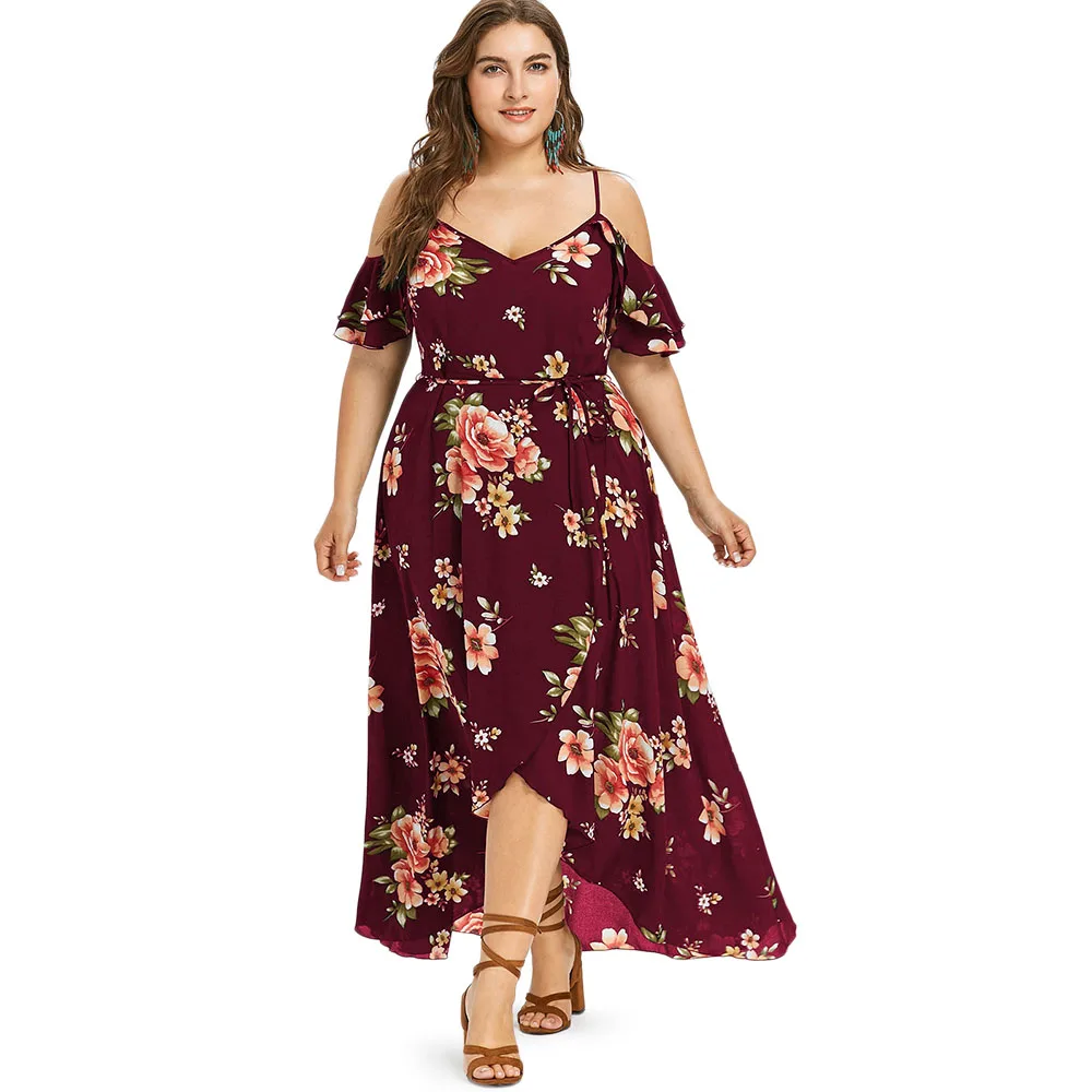 

Rosegal Plus Size Cold Shoulder Belt Overlap Dress Women Spaghetti Strap Half Sleeves Floral Print Dresses Bohemian Beach Dress