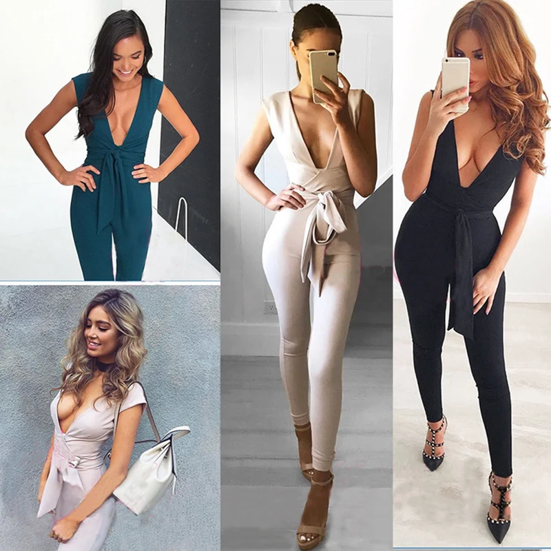 Sexy Short Sleeve Deep V-Neck Jumpsuit Solid Color Siamese Pants Casual Full Length Rompers Bodycon Skinny Pants with Sashes 
Sexy Short Sleeve Deep V-Neck Jumpsuit Solid Color Siamese Pants Casual Full Length Rompers Bodycon Skinny Pants with Sashes