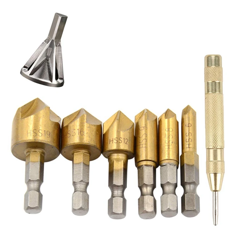 Deburring External Chamfering Tool, Center Punch Tool Kit, 6Pcs 90 Degree 1/4 Inch Hex Shank 5 Flute Countersunk Bit Set For Q
Deburring External Chamfering Tool, Center Punch Tool Kit, 6Pcs 90 Degree 1/4 Inch Hex Shank 5 Flute Countersunk Bit Set For Q