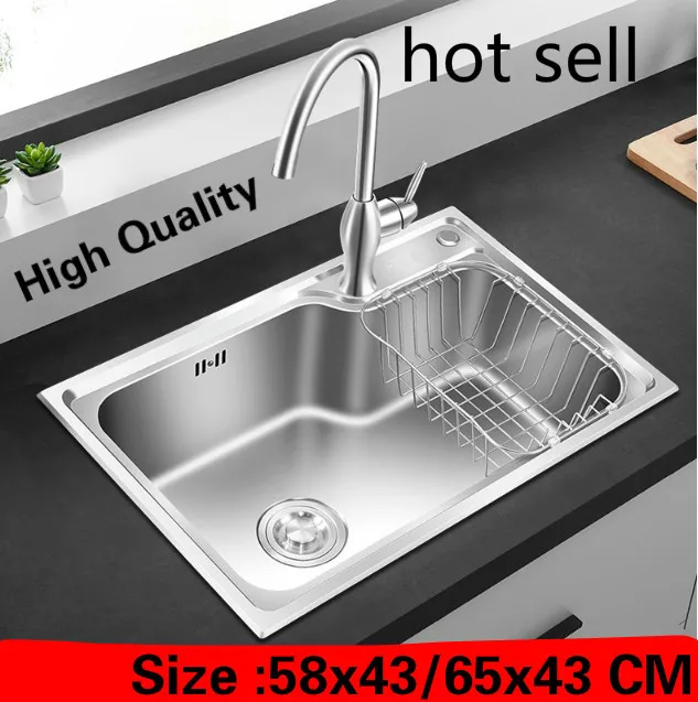 

Free shipping Household high quality kitchen single trough sink food grade 304 stainless steel hot sell 58x43/65x43 CM