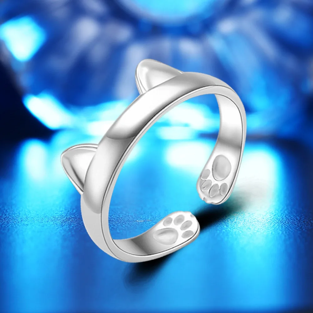 Silver Color cute cat animals party rings Fashion wholesale lots bulk women gift adjustable rings wedding Party band Jewelry (4)