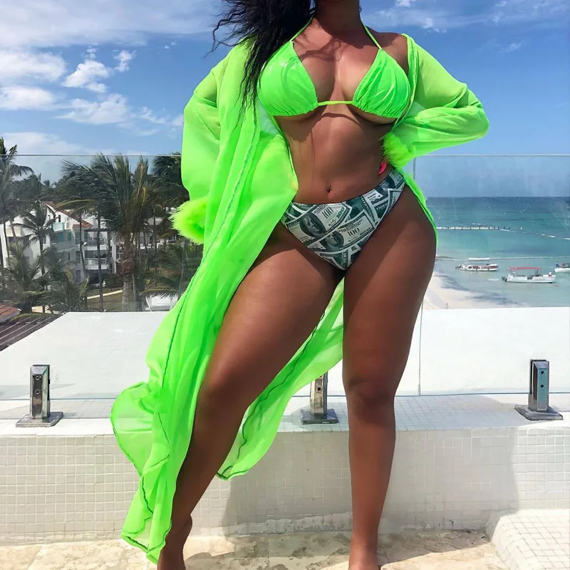 Fur Stitching Beach Cover Up Bathing Suit 3 Piece Set Swimwear Women Fluorescent Green Dollar Print Beach Sunscreen Tunic Robe
Fur Stitching Beach Cover Up Bathing Suit 3 Piece Set Swimwear Women Fluorescent Green Dollar Print Beach Sunscreen Tunic Robe