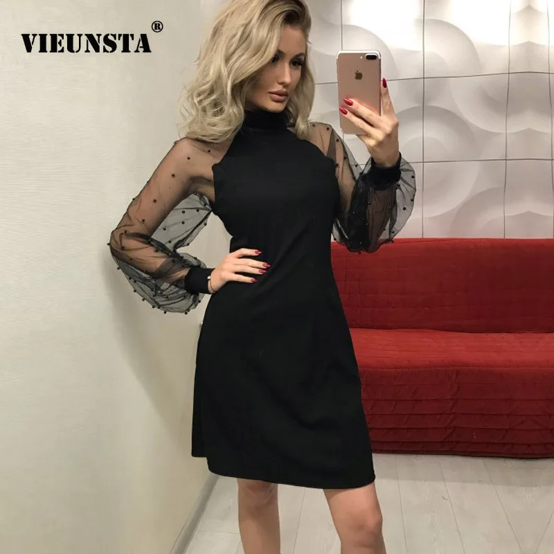 VIEUNSTA Sexy Autumn Mesh Stitching Party Dress Women Elegant Lace Stand neck Dress Long Sleeve Solid A-line Dresses Vestidos
VIEUNSTA Sexy Autumn Mesh Stitching Party Dress Women Elegant Lace Stand neck Dress Long Sleeve Solid A-line Dresses Vestidos