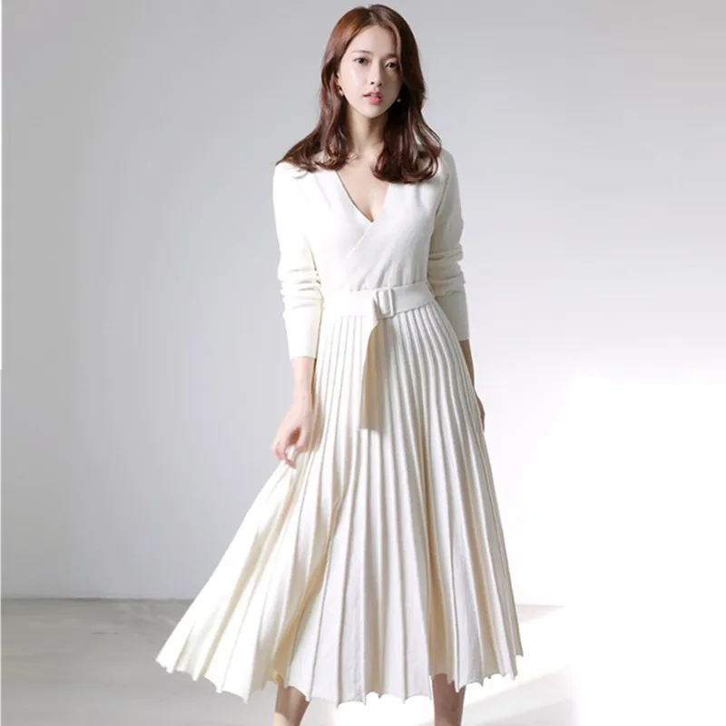 New Fashion Women Knitted Pleated Dress Fall Winter Long Sleeve Thick Sweater Dress Casual Sexy V Neck Sashes Dress
New Fashion Women Knitted Pleated Dress Fall Winter Long Sleeve Thick Sweater Dress Casual Sexy V Neck Sashes Dress