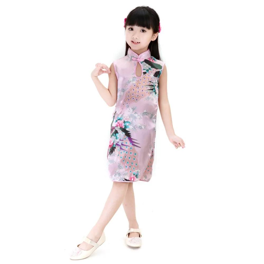 2Y-8Y Baby Girl Dress Peacock Sleeveless Slim Traditional Dress Cheongsam Girls Clothes Chinese Style Qipao baby chinese dress 2Y-8Y Baby Girl Dress Peacock Sleeveless Slim Traditional Dress Cheongsam Girls Clothes Chinese Style Qipao baby chinese dress