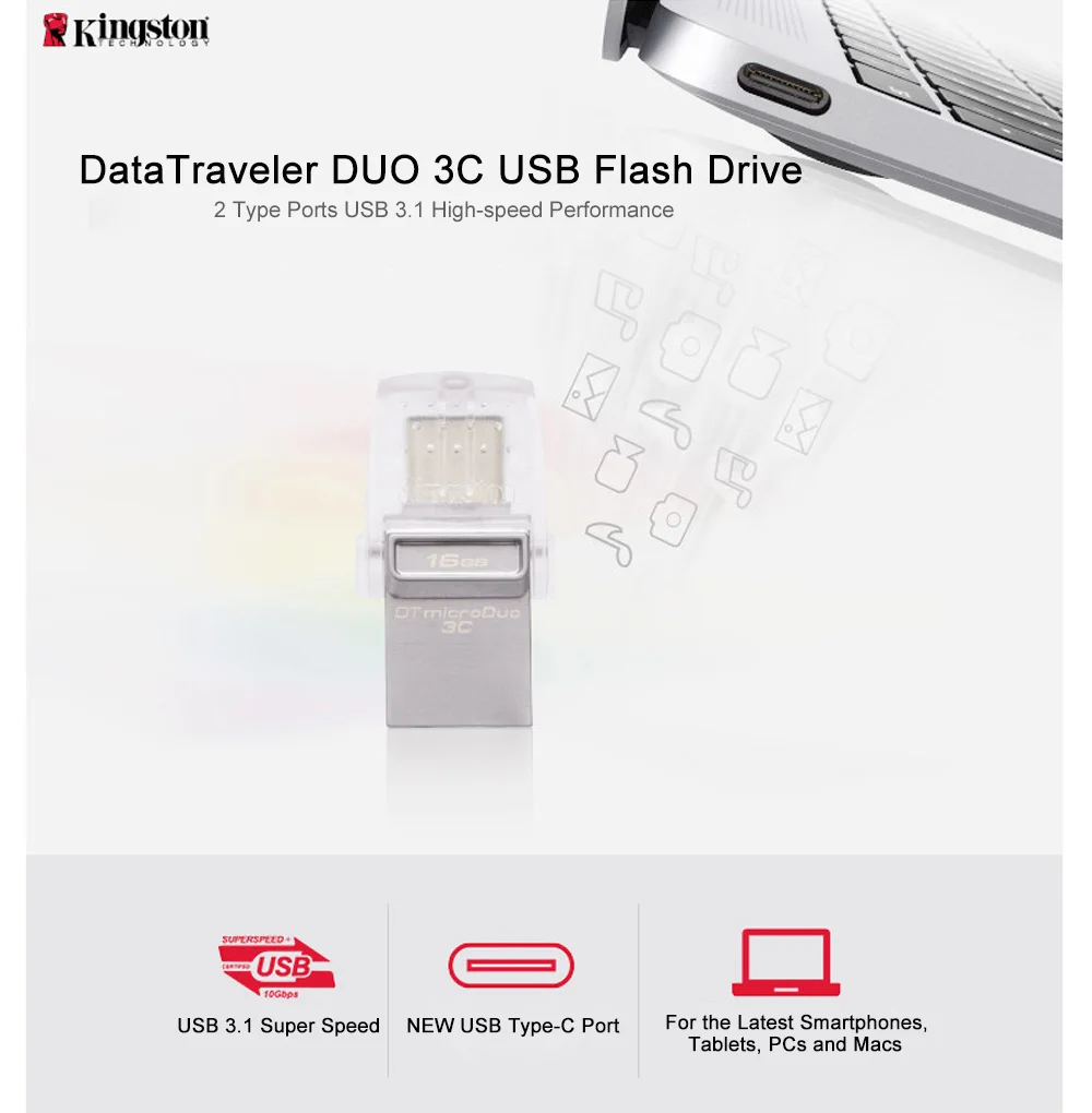 Kingston USB Flash Drive 64GB 32GB 16GB USB 3.1 Type-C Pendrive USB 3.0 Pen Drive Memory Stick for PC Phone with Type-C Port