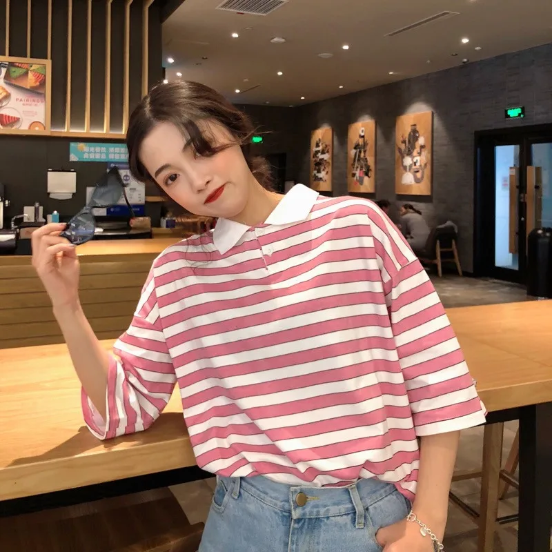 2019 New Women Tee shirt Cotton Summer Striped Harajuku Ullzang Short Sleeve Tops Turn Down Collar Korean Style Tee Streetwear
2019 New Women Tee shirt Cotton Summer Striped Harajuku Ullzang Short Sleeve Tops Turn Down Collar Korean Style Tee Streetwear