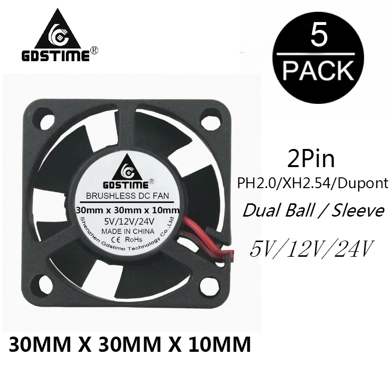 5 Pieces Gdstime DC 24V 12V 5V 3cm 30x30x10mm 2Pin Ball Bearing Portable Cooling Fan Dupont 2.54 2.0 30mm x 10mm Cooler 3010
5 Pieces Gdstime DC 24V 12V 5V 3cm 30x30x10mm 2Pin Ball Bearing Portable Cooling Fan Dupont 2.54 2.0 30mm x 10mm Cooler 3010