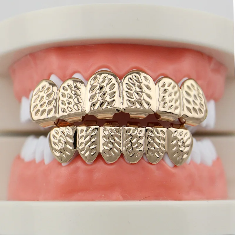 Gold Color Hip Hop Tooth Grillz Top & Bottom Grill Cap for Halloween Bling Jewelry Custom Design Fake Teeth Ornament Women Party Accessories  (2)