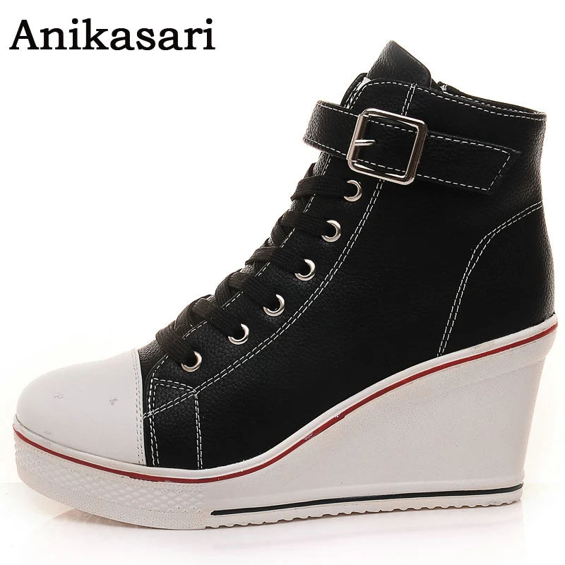 Image Casual Shoes Women Leather Platform Wedge Shoes Woman Hidden Heel High Top Shoes White Black Snickers Wedges Boots Large Size 42