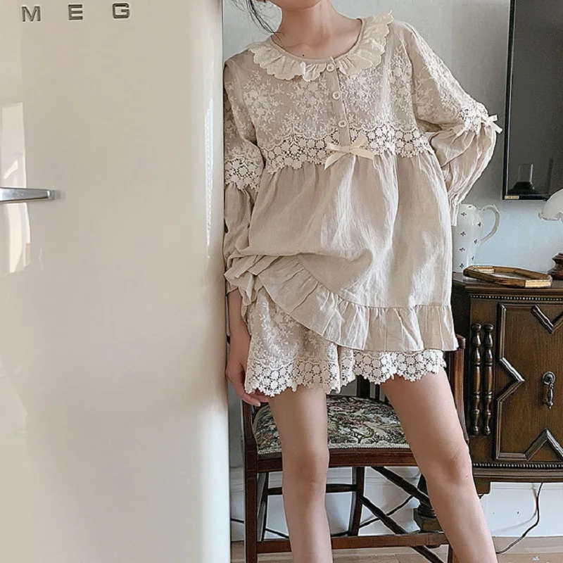 Summer Soft Linen Women's Pajamas Sets Sweet Shorts Pajamas Vintage Long Sleeve Sleepwear Autumn Nightwear Plus Size
Summer Soft Linen Women's Pajamas Sets Sweet Shorts Pajamas Vintage Long Sleeve Sleepwear Autumn Nightwear Plus Size
