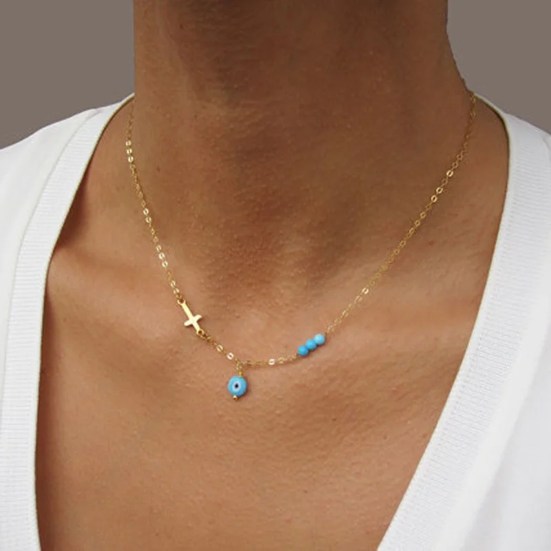 Evil Eye Cross Pendant Necklace TurquoiseBead Gold Silver Plated Choker Necklaces Greek Jewelry Birthday Christmas Gift for Her
Evil Eye Cross Pendant Necklace TurquoiseBead Gold Silver Plated Choker Necklaces Greek Jewelry Birthday Christmas Gift for Her
