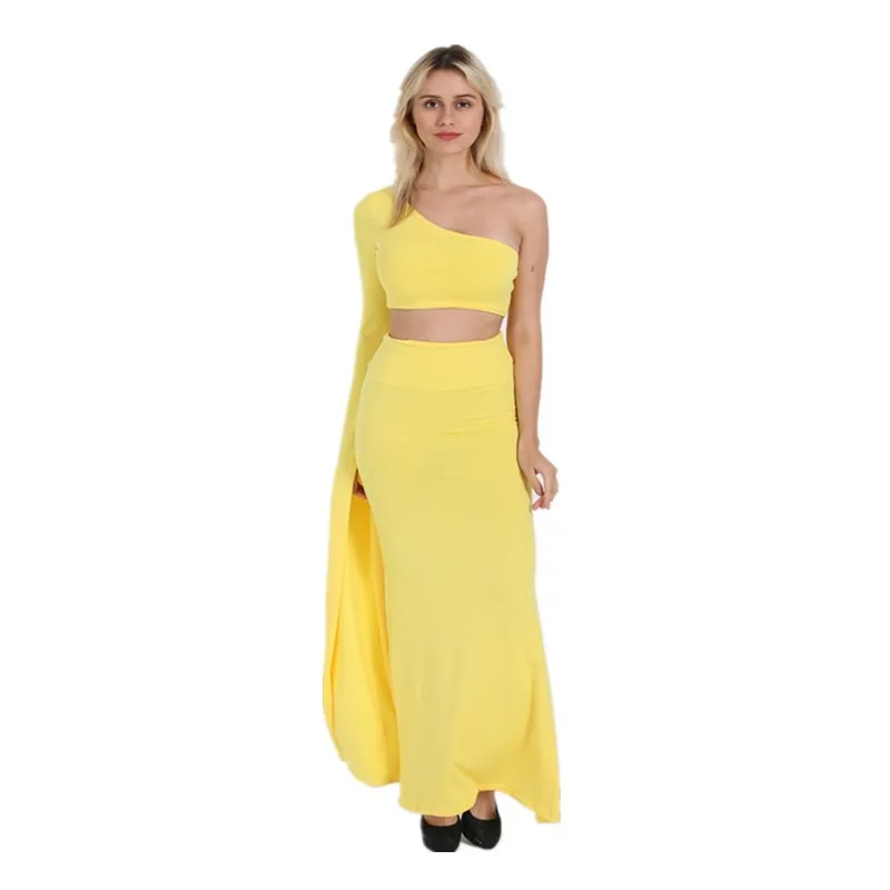 Women Cotton one one shoulder slope long sleeve high waist Sexy umbilical one-shoulder fishtail slit dress two-piece suit
Women Cotton one one shoulder slope long sleeve high waist Sexy umbilical one-shoulder fishtail slit dress two-piece suit