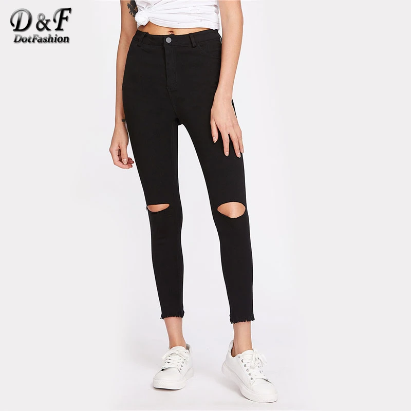 Dotfashion Knee Cut Frayed Hem Skinny Jeans New Black Zipper Fly High Waist Cropped Trousers Women Pocket Ripped Casual Jeans
Dotfashion Knee Cut Frayed Hem Skinny Jeans New Black Zipper Fly High Waist Cropped Trousers Women Pocket Ripped Casual Jeans
