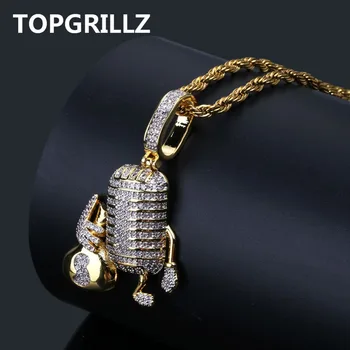 TOPGRILLZ Hip Hop Copper Microphone Holding Money Bag Iced Out Cubic Zircon Pendant Necklace Men Jewelry With 4MM Tennis Chain
TOPGRILLZ Hip Hop Copper Microphone Holding Money Bag Iced Out Cubic Zircon Pendant Necklace Men Jewelry With 4MM Tennis Chain