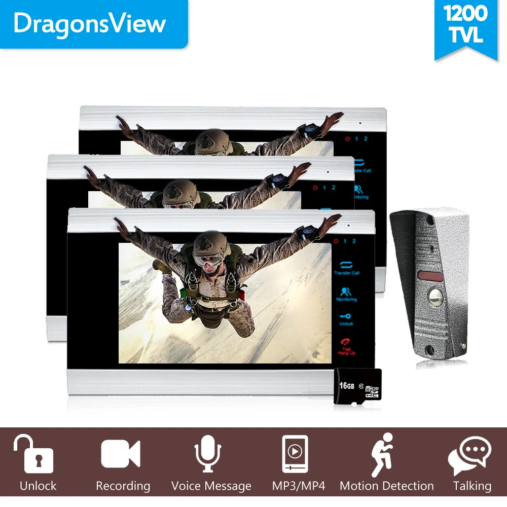 Dragonsview 7 Inch Video Door Phone Doorbell Intercom System 1 to 3 Video Door bell Intercom Waterproof Alarm Function SD Card
Dragonsview 7 Inch Video Door Phone Doorbell Intercom System 1 to 3 Video Door bell Intercom Waterproof Alarm Function SD Card