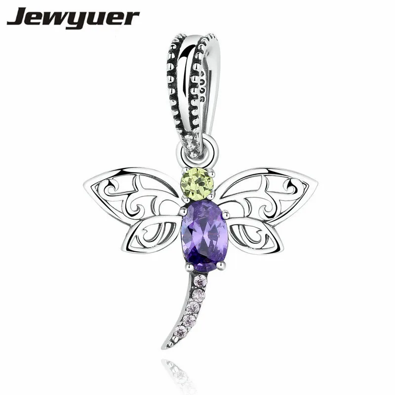 

925 Sterling Silver Dragonfly Insects Purple Charms Pendants fit DIY Bracelets for Women S925 Fine Jewelry SCC048