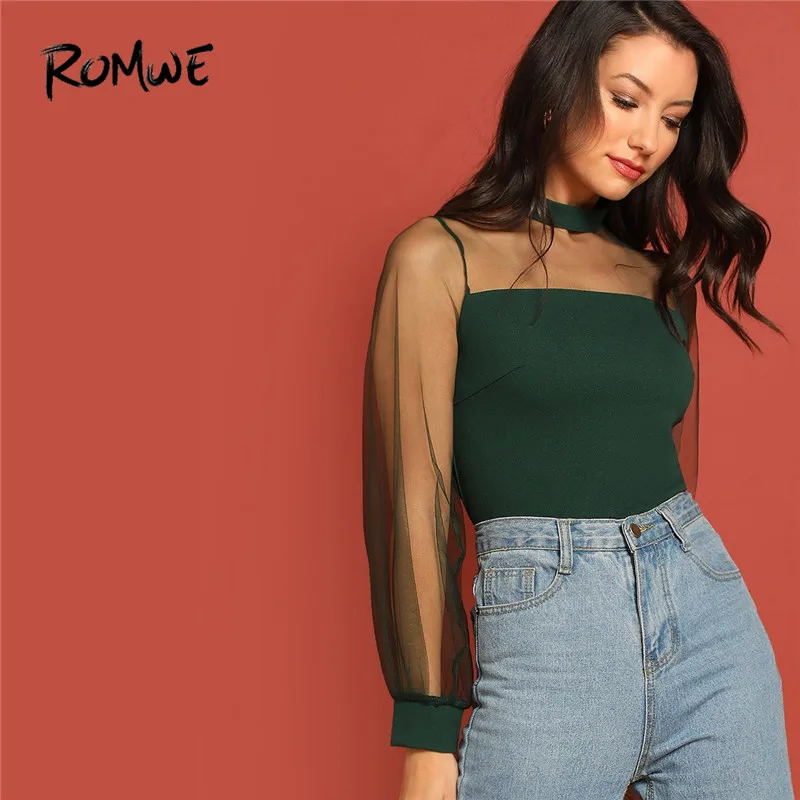 ROMWE Green Stand Collar Sheer Mesh Long Sleeve Women Blouses 2019 High Street Fitted Solid Female Tops Blouse
ROMWE Green Stand Collar Sheer Mesh Long Sleeve Women Blouses 2019 High Street Fitted Solid Female Tops Blouse
