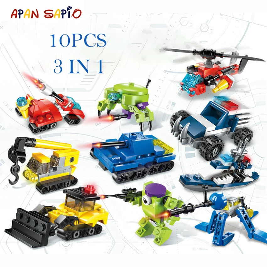 10pcs Transformation Building Blocks Series 3in1 City Machine Team Robot Educational Figure Bricks Toys compatible with legoe
10pcs Transformation Building Blocks Series 3in1 City Machine Team Robot Educational Figure Bricks Toys compatible with legoe