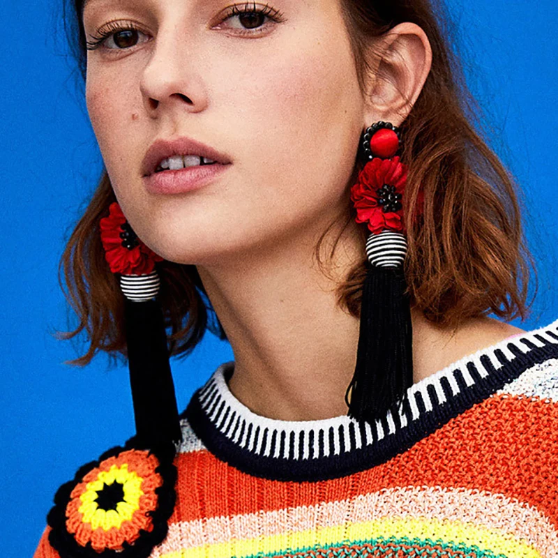 

JURAN Hot Fashion Bohemian Women Fringed Statement Earrings Bijoux Tassel Long Earrings Flower Drop Earrings Dangle Jewelry