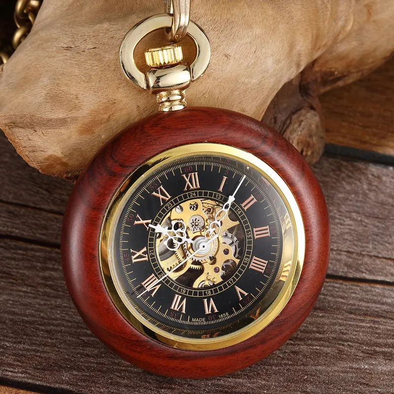 

Vintage Wood Case Mechanical Pocket Watch Roman Numerals Dial Hand Wind Men Skeleton Clock With FOB Chain Pendant For Man Ladies