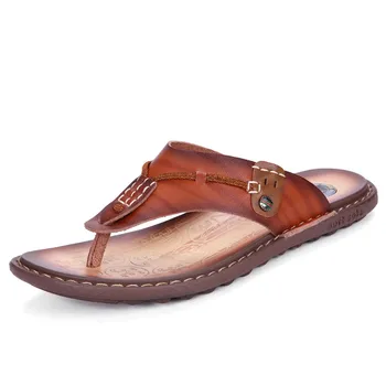 Nice Men Flip Flops Soft Leather Summer Slippers Men