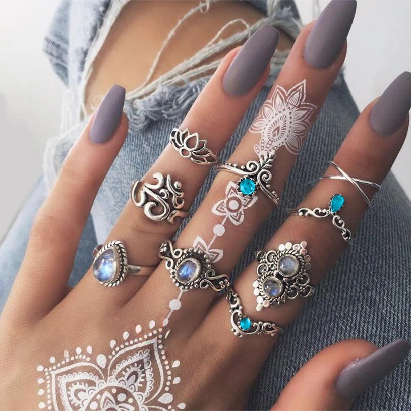 Lady Rings Retro Drops Hollow Lotus Cross Om Geometry Crystal Silver Ring Set Bohemian Female Glamour Jewelry Accessories 
Lady Rings Retro Drops Hollow Lotus Cross Om Geometry Crystal Silver Ring Set Bohemian Female Glamour Jewelry Accessories
