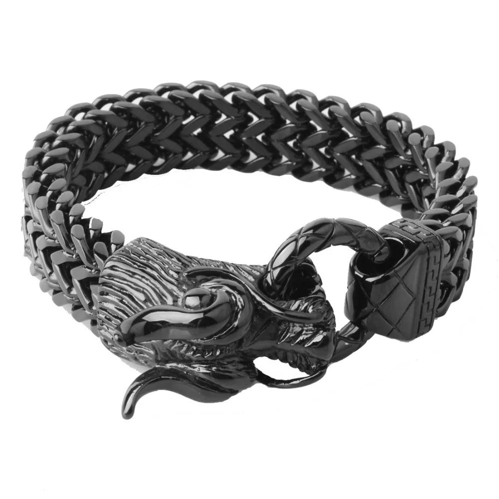

17mm Huge Cool 316L Stainless Steel Black Dragon Clasp Rock Figaro Flat Chain Men's Bracelet Bangle Male Jewelry 8.66" Xmas Gift