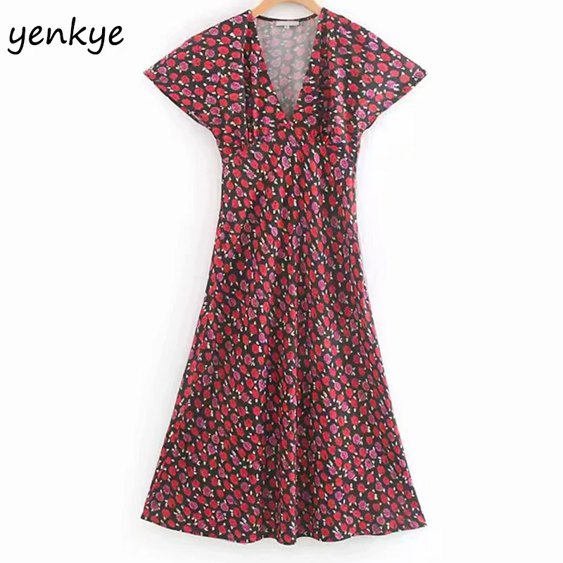 2019 Women Vintage Floral Print Dress Female Short Sleeve V Neck High Waist A-line Dress Lady Holiday Summer Casual Long Dress
2019 Women Vintage Floral Print Dress Female Short Sleeve V Neck High Waist A-line Dress Lady Holiday Summer Casual Long Dress