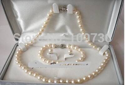 

Jewelry 00910 ROUND 9-10mm White Pearl Necklace 3pc SET Cultured Freshwater