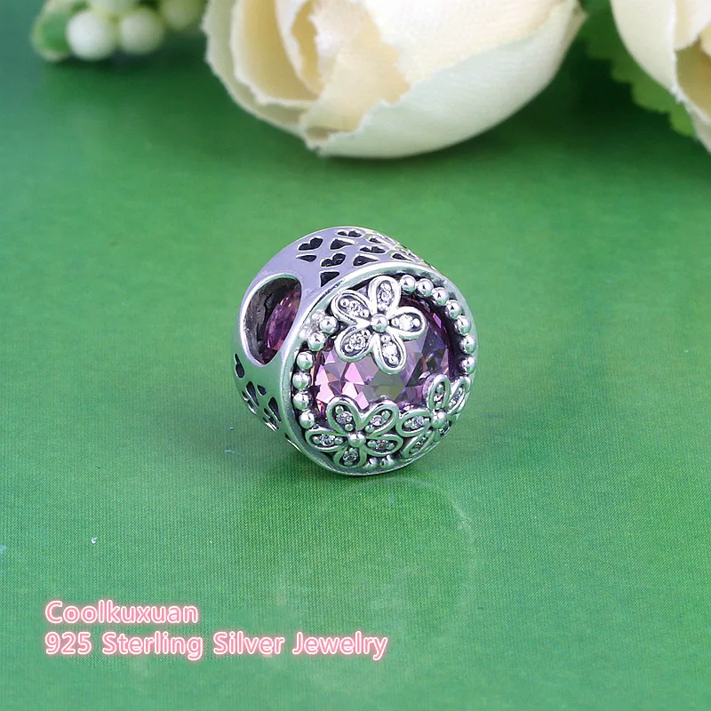 

Spring Dazzling Daisy Meadow Openwork Heart Charm Original 925 Sterling Silver Pink Crystal Flower Beads Fits Pandora bracelets