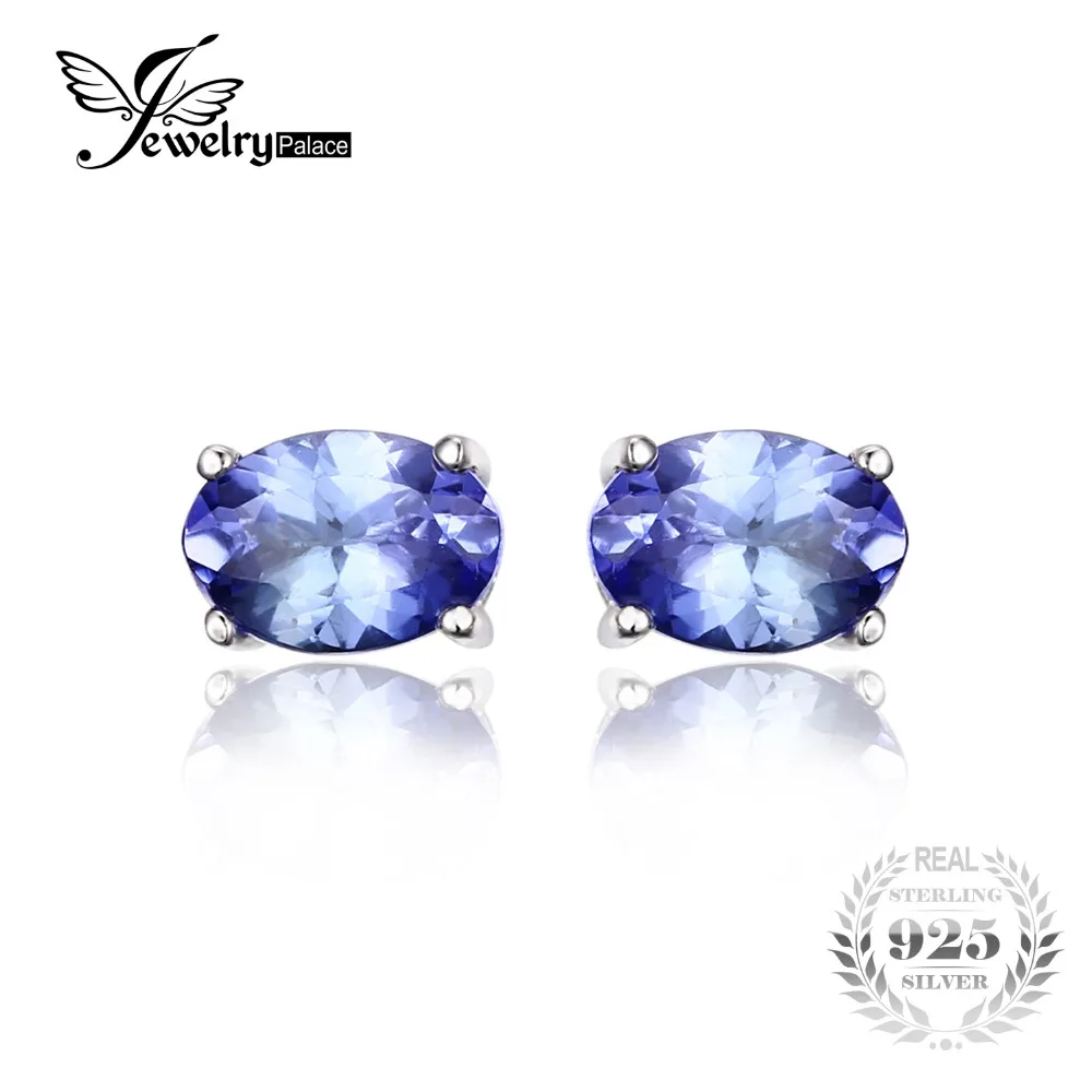 Image JewelryPalace Solid 925 Sterling Silver 1ct Natural Tanzanite Stud Earrings For Women Fashion Blue Oval Cut Stone Fine Jewelry