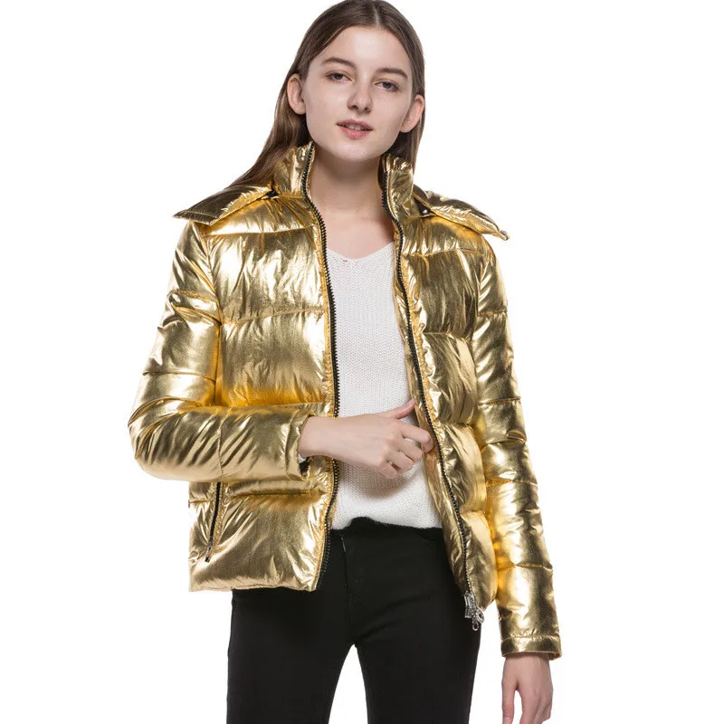 Women Winter Jacket Padded Short Coats Gold Bright Overcoat For Female European Style Hooded Outwear Thick Jackets AS058 (8)