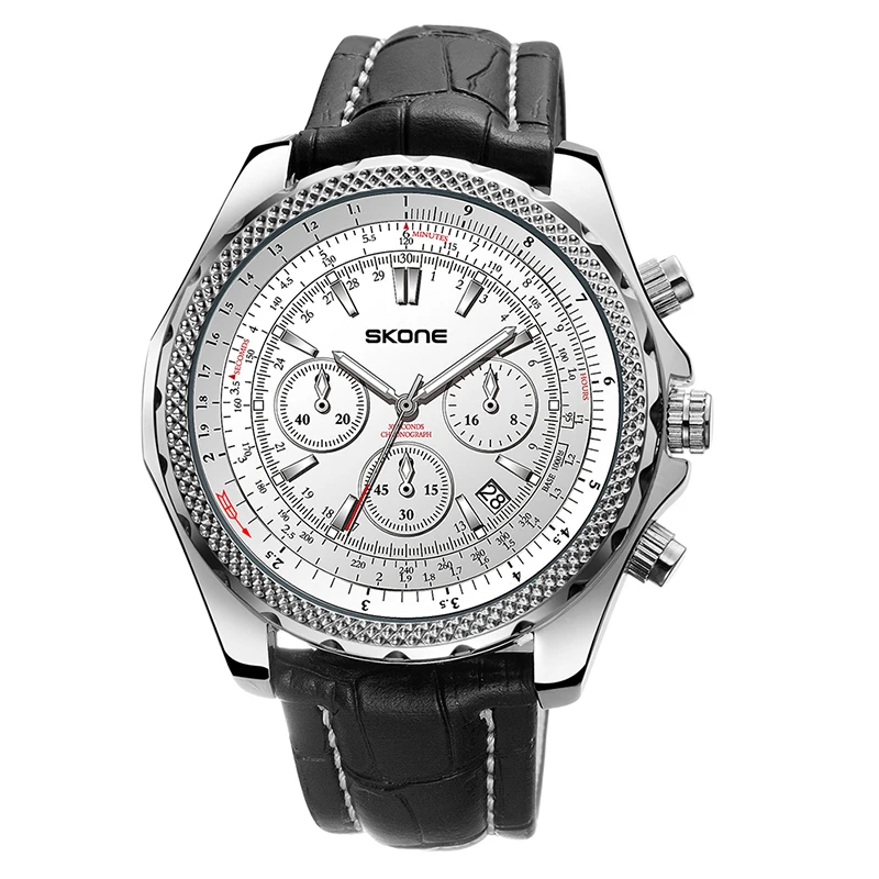 

SKONE Mens Business Leather Watches Luxury Brand White and Black Chronograph Watch Man Quartz Wrist Watch relogio masculino