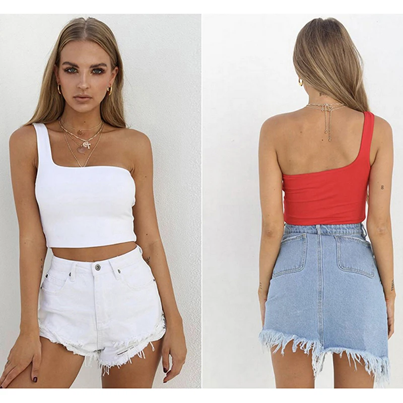 

Solid Color Female Camisole Tops Summer Cami Women Cropped Tops One Shoulder Chest Wrapped Short Vest Sexy Nightclub Ladies
