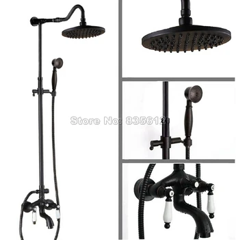 

Black Oil Rubbed Bronze Bathroom Rainfall Shower Faucet Set Wall Mount with Dual Handles Tub Mixer Taps + 8" Shower Head Wrs685