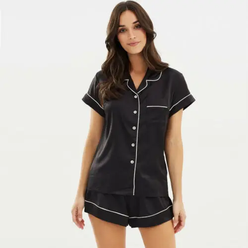 2Pcs Women Summer Silk Satin Pajamas Set New Short Sleeve Button Sleepwear Elastic High Waist Shorts
2Pcs Women Summer Silk Satin Pajamas Set New Short Sleeve Button Sleepwear Elastic High Waist Shorts