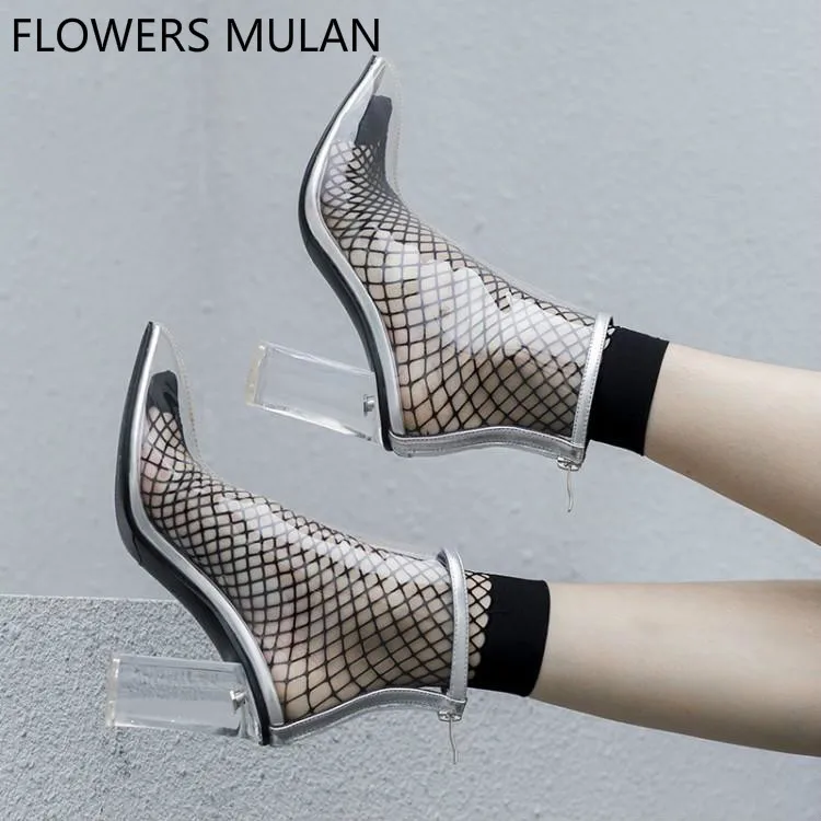 Designers Transparent PVC Upper Ankle Boots For Women Pointed Toe High Square Heels Zapatos De Mujer Back Zipper Shoes Woman 
Designers Transparent PVC Upper Ankle Boots For Women Pointed Toe High Square Heels Zapatos De Mujer Back Zipper Shoes Woman