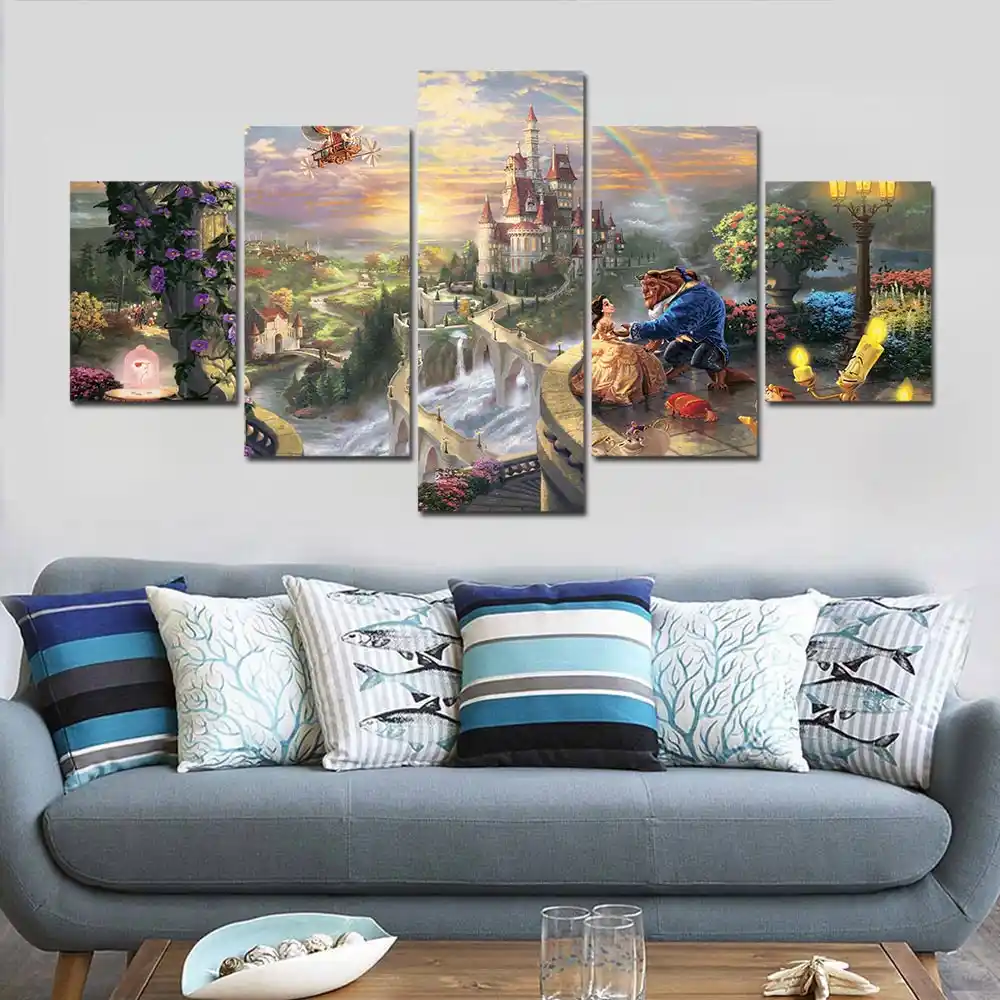 5 Panel Hd Print Thomas Kinkade Beauty And Beast Painting Canvas