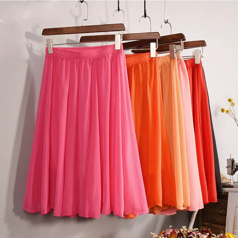Image New Fashion 2015 Women s Elegant 23 Color High Waist Chiffon Pleated Midi Skirt Ladies Casual Slim Beach Skater Skirts Saia SK17