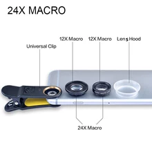 HD 2*12x 24X Macro Lens Universal Clip Camera Lens Mobile Phone lenses Coating Glass +Lens Hood For iPhone for Samsung